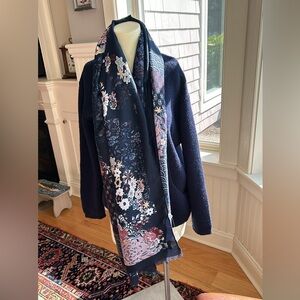 Habitat floral scarf, multi colored, mostly pink on navy